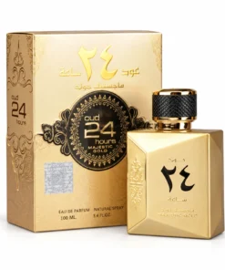 Oud 24 Hours Majestic Gold Ard Al Zaafaran, 100 ml – flacon auriu și cutia parfumului