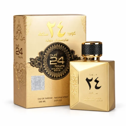 Oud 24 Hours Majestic Gold Ard Al Zaafaran, 100 ml – flacon auriu și cutia parfumului