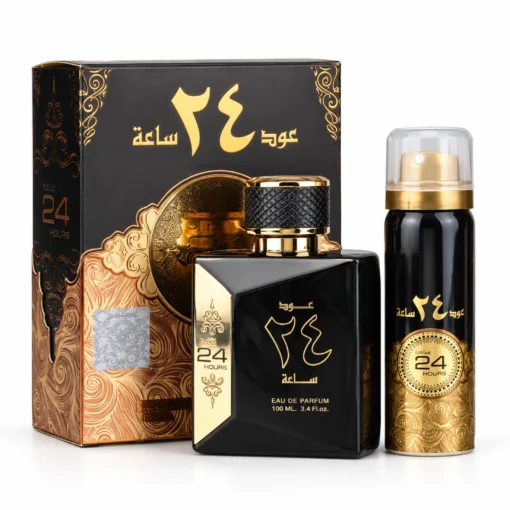 Set Oud 24 Hours Ard Al Zaafaran: flacon apă de parfum 100 ml, deodorant 50 ml și cutie