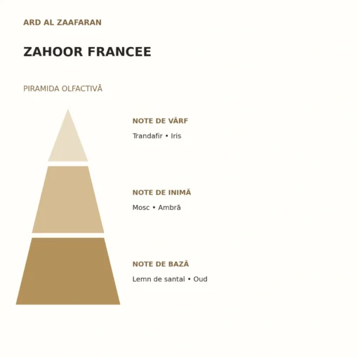 Piramida olfactivă Zahoor Francee Ard Al Zaafaran: note de vârf, inimă și bază