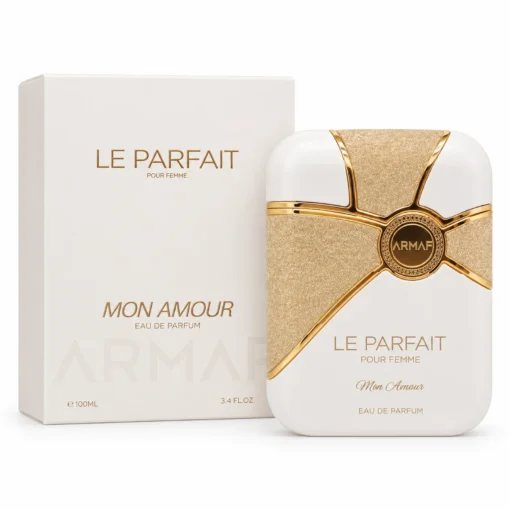 Armaf Le Parfait Mon Amour 100 ml – cutie și flacon pe fundal alb