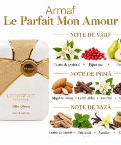 Armaf Le Parfait Mon Amour 100 ml – flacon și piramidă olfactivă pe fundal alb