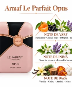Armaf Le Parfait Opus 100 ml – flacon și piramidă olfactivă pe fundal alb