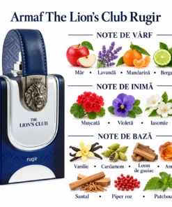 Armaf The Lion’s Club Rugir 100 ml – flacon și piramidă olfactivă pe fundal alb
