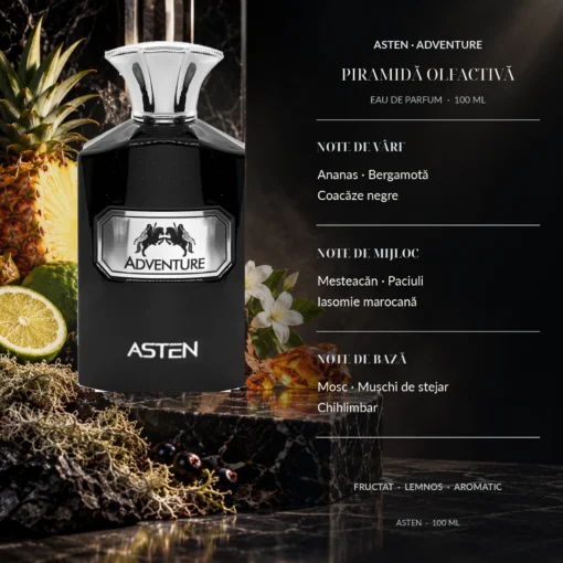 Piramida olfactivă Adventure Asten 100 ml: Ananas, Bergamotă, Iasomie marocană, Mesteacăn, Ambră, Mosc