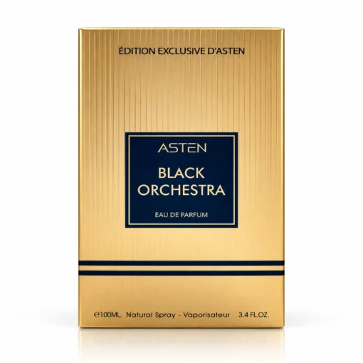 Cutia originală a parfumului Black Orchestra Asten 100 ml, pe fundal alb