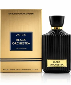 Flaconul și cutia originală Black Orchestra Asten, apă de parfum 100 ml, pe fundal alb