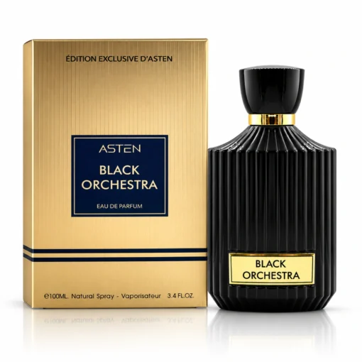 Flaconul și cutia originală Black Orchestra Asten, apă de parfum 100 ml, pe fundal alb