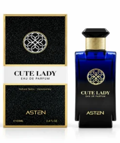 Flaconul și cutia originală Cute Lady Asten, apă de parfum 100 ml, pe fundal alb