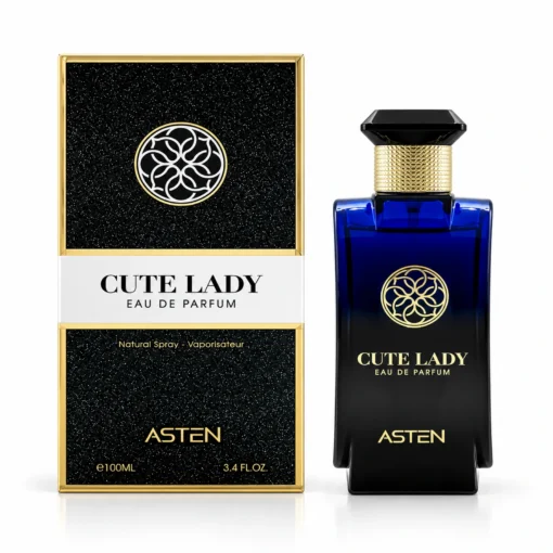 Flaconul și cutia originală Cute Lady Asten, apă de parfum 100 ml, pe fundal alb