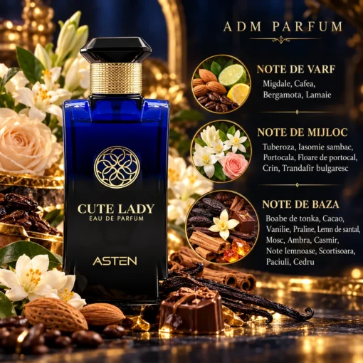 Piramida olfactivă Cute Lady Asten 100 ml: Bergamotă, Cafea, Crin, Floare de portocal, Ambră, Boabe de tonka