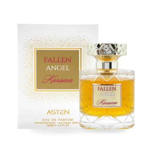 Flaconul și cutia originală Fallen Angel Asten, apă de parfum 100 ml, pe fundal alb