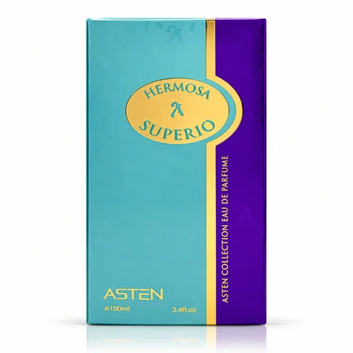 Cutia originală Hermosa Superio Asten 100 ml, ambalaj parfum pe fundal alb