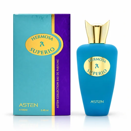 Flacon și cutie originală Hermosa Superio Asten, parfum 100 ml, pe fundal alb