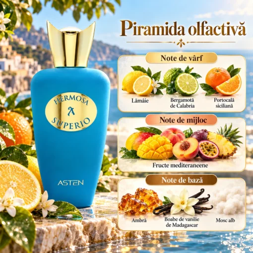 Piramida olfactivă Hermosa Superio Asten 100 ml: Bergamotă, Lămâie, Note fructate, Mosc alb, Vanilie de Madagascar