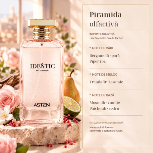 Piramida olfactivă Identic Asten 100 ml: Bergamotă, Apă de trandafiri, Iasomie, Cedru, Patchouli
