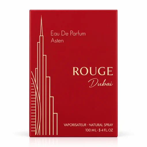 Cutia originală Rouge Dubai Asten 100 ml, ambalaj parfum pe fundal alb