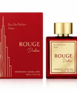 Flacon și cutie originală Rouge Dubai Asten, parfum 100 ml, pe fundal alb