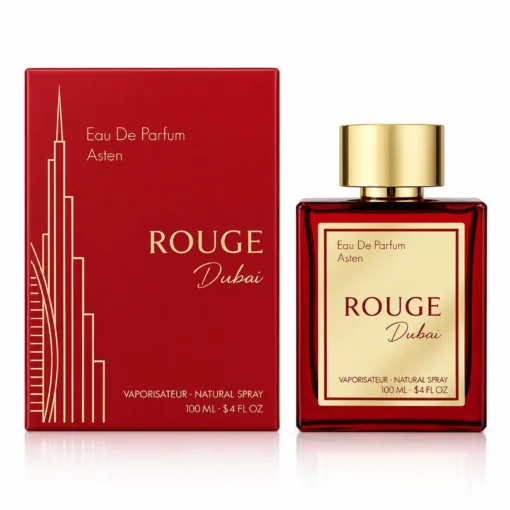 Flacon și cutie originală Rouge Dubai Asten, parfum 100 ml, pe fundal alb