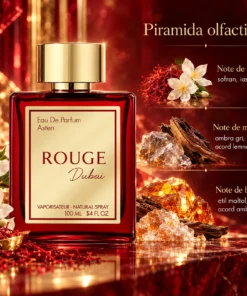 Piramida olfactivă Rouge Dubai Asten 100 ml: Migdală amară, Șofran, Cedru, Iasomie egipteană, Mosc, Note lemnoase