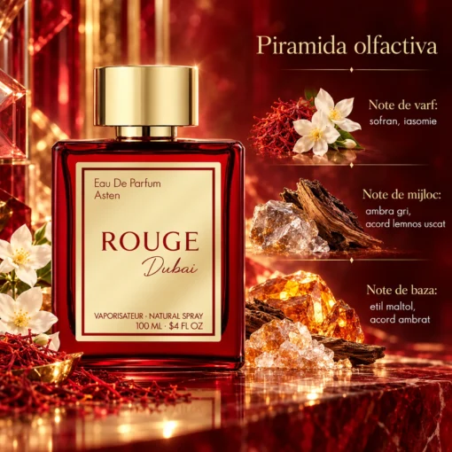 Piramida olfactivă Rouge Dubai Asten 100 ml: Migdală amară, Șofran, Cedru, Iasomie egipteană, Mosc, Note lemnoase