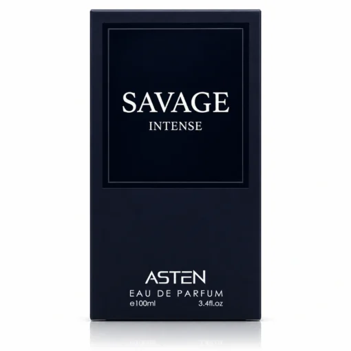 Cutia originală Savage Intense Asten, apă de parfum 100 ml, pe fundal alb