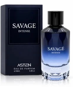 Flacon și cutie Savage Intense Asten, apă de parfum pentru bărbați, 100 ml, pe fundal alb