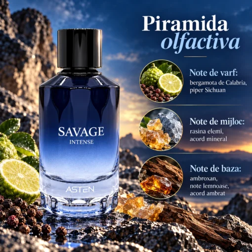 Piramida olfactivă Savage Intense Asten 100 ml: Bergamotă, Note citrice, Lavandă, Note aromatice, Ambroxan, Mosc