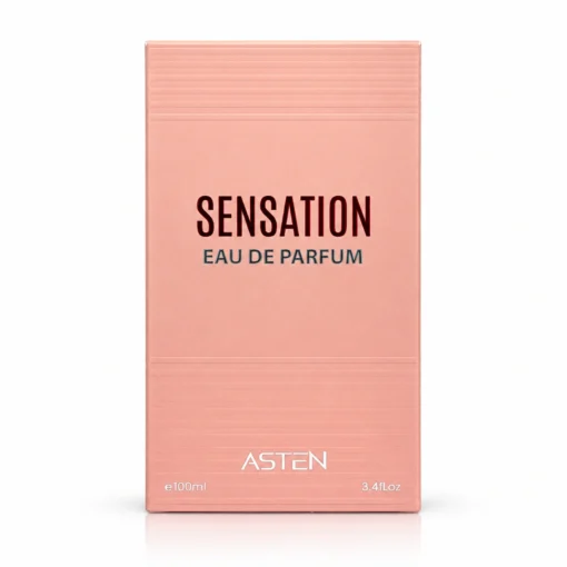 Cutia originală pentru Sensation Asten, parfum 100 ml, pe fundal alb