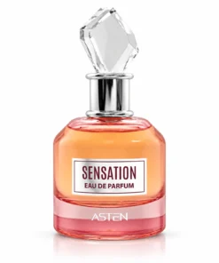 Flaconul parfumului Sensation Asten, apă de parfum pentru femei, 100 ml, pe fundal alb