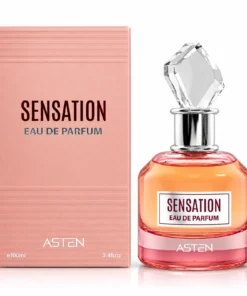 Flaconul și cutia originală Sensation Asten, apă de parfum 100 ml, pe fundal alb