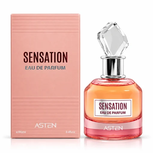 Flaconul și cutia originală Sensation Asten, apă de parfum 100 ml, pe fundal alb