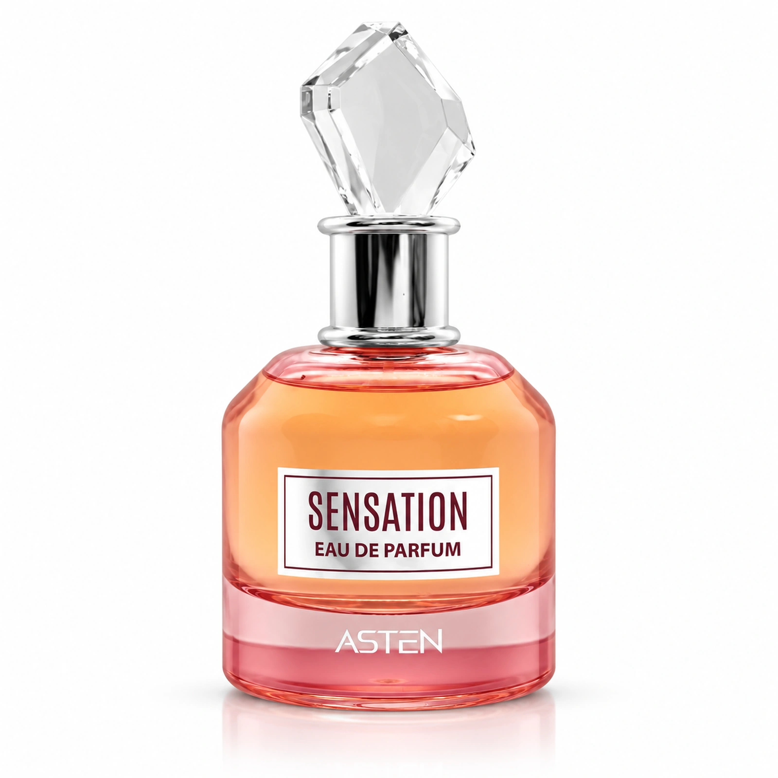 Flaconul parfumului Sensation Asten, apă de parfum pentru femei, 100 ml, pe fundal alb
