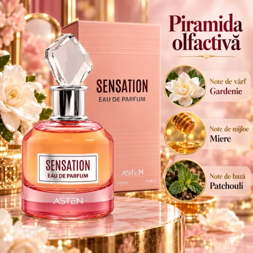 Piramida olfactivă Sensation Asten 100 ml: Miere, Note citrice, Cireș, Floare de portocal, Boabe de tonka, Lemn de santal