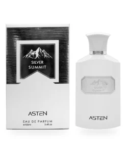 Flacon și cutie originală Silver Summit Asten 100 ml pe fundal alb