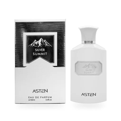 Flacon și cutie originală Silver Summit Asten 100 ml pe fundal alb