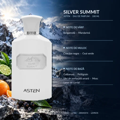 Piramida olfactivă Silver Summit Asten 100 ml: Bergamotă, Mandarină, Ceai verde, Coacăze negre, Galbanum, Lemn de santal