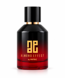 Parfum unisex Almond Effect by PATRIC 100 ml, flacon negru cu degrade roșu, capac negru și logo auriu AE, pe fundal alb.