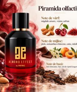 Piramida olfactivă Almond Effect by PATRIC 100 ml, cu migdale amare, vișine, șofran, piele, osmanthus, caise și note lemnoase afumate.