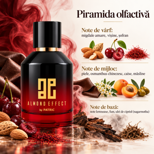 Piramida olfactivă Almond Effect by PATRIC 100 ml, cu migdale amare, vișine, șofran, piele, osmanthus, caise și note lemnoase afumate.