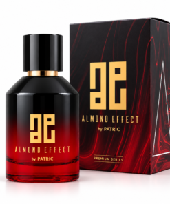 Almond Effect by PATRIC 100 ml, parfum unisex cu flacon negru-roșu și ambalaj Premium Series negru, roșu și auriu, pe fundal alb.
