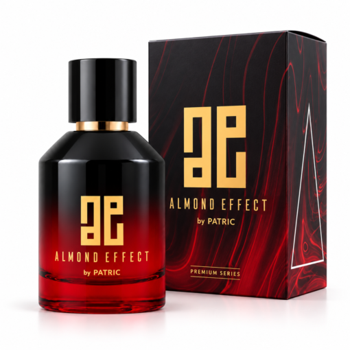 Almond Effect by PATRIC 100 ml, parfum unisex cu flacon negru-roșu și ambalaj Premium Series negru, roșu și auriu, pe fundal alb.
