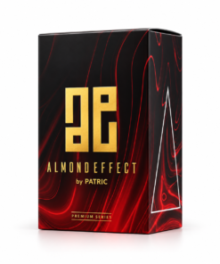 Cutie parfum Almond Effect by PATRIC 100 ml, ambalaj negru și roșu cu monograma aurie AE și inscripția Premium Series.