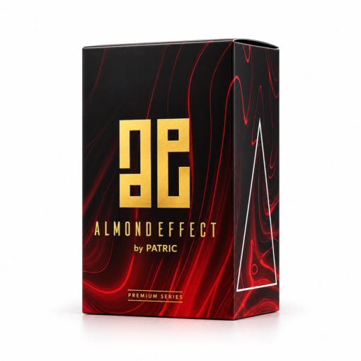 Cutie parfum Almond Effect by PATRIC 100 ml, ambalaj negru și roșu cu monograma aurie AE și inscripția Premium Series.