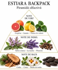 Piramida Estiara Backpack: grepfrut, lămâie, frunze de violetă; salvie sclarea, lavandin, pimento; cedru, cistus, tonka