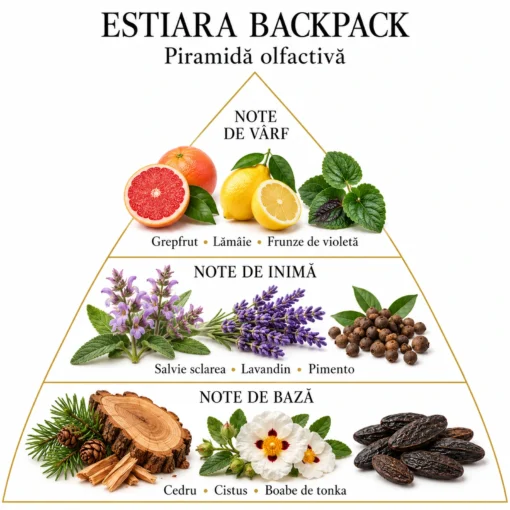 Piramida Estiara Backpack: grepfrut, lămâie, frunze de violetă; salvie sclarea, lavandin, pimento; cedru, cistus, tonka