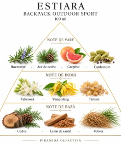 Piramida olfactivă Estiara Backpack Outdoor Sport: grepfrut și rozmarin, tuberoză și ylang-ylang, cedru, santal și vetiver