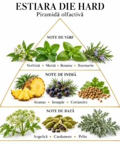 Piramida Estiara Die Hard: verbină, mentă, busuioc, rozmarin; ananas, ienupăr, coriandru; angelică, cardamom, pelin