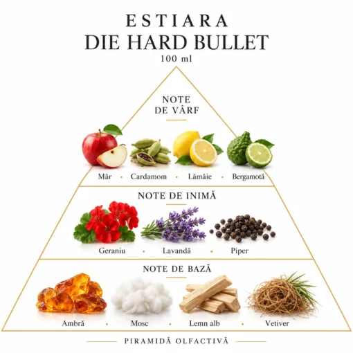 Piramida olfactivă Estiara Die Hard Bullet: măr și citrice, lavandă, geraniu, piper, ambră, mosc și vetiver