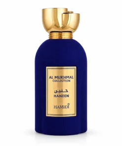 Flacon Hamidi Al Mukhmal Haneen 100 ml, albastru închis cu capac auriu, pe fundal alb